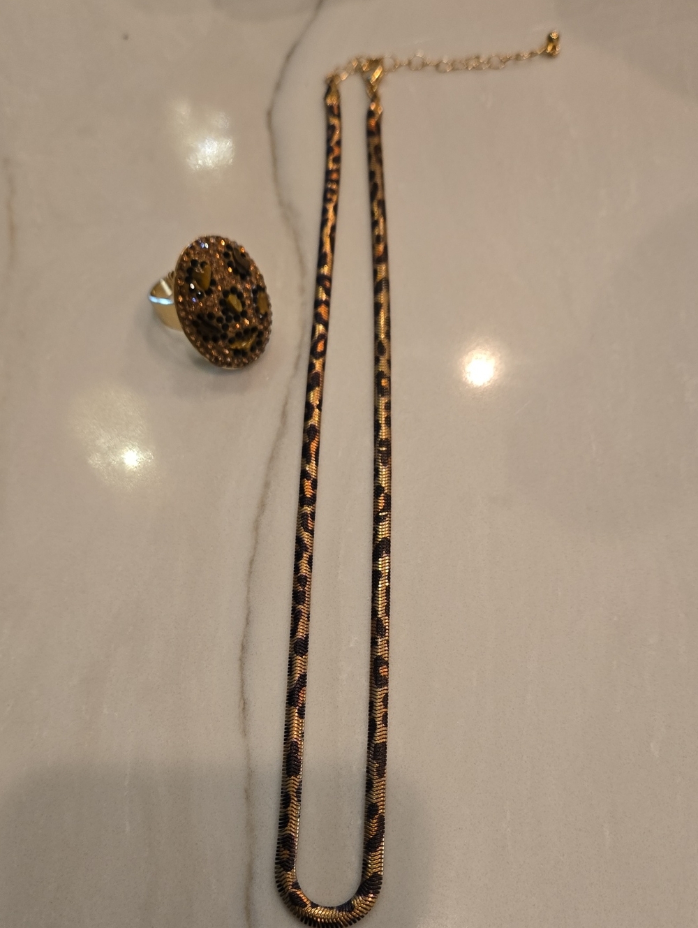 Necklace & Ring set In leopard. Adjustable Faux Gemstone Ring Included.